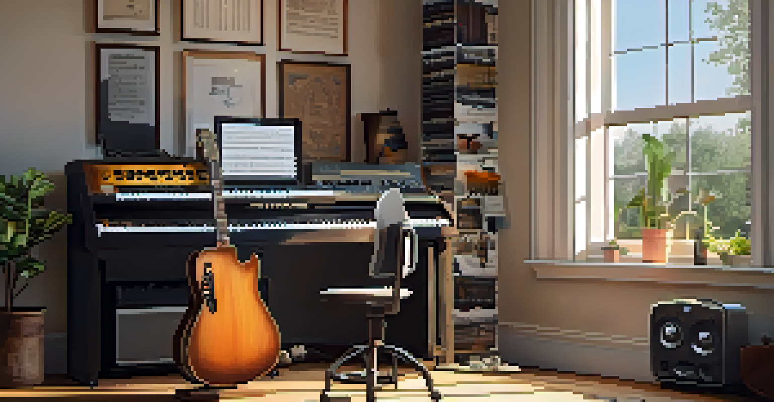 A home studio with an electric guitar on a stand, natural light illuminating the space with music sheets and a laptop nearby.
