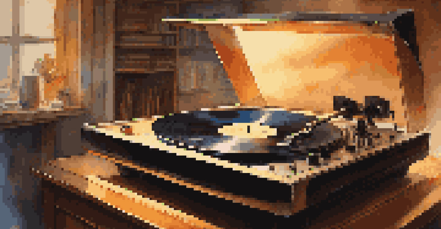 A close-up of a vinyl record on a turntable with warm lighting, surrounded by musical memorabilia in a cozy room.