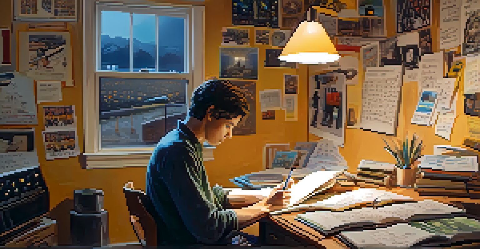 An artist writing lyrics in a cozy room filled with musical notes and sketches.