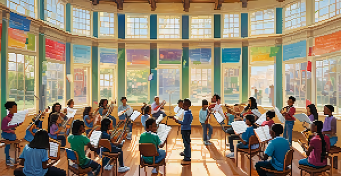 A lively classroom with diverse students participating in a music lesson, surrounded by instruments and colorful decorations.