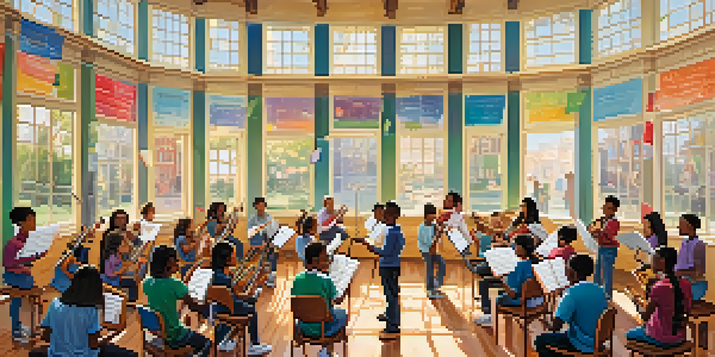 A lively classroom with diverse students participating in a music lesson, surrounded by instruments and colorful decorations.
