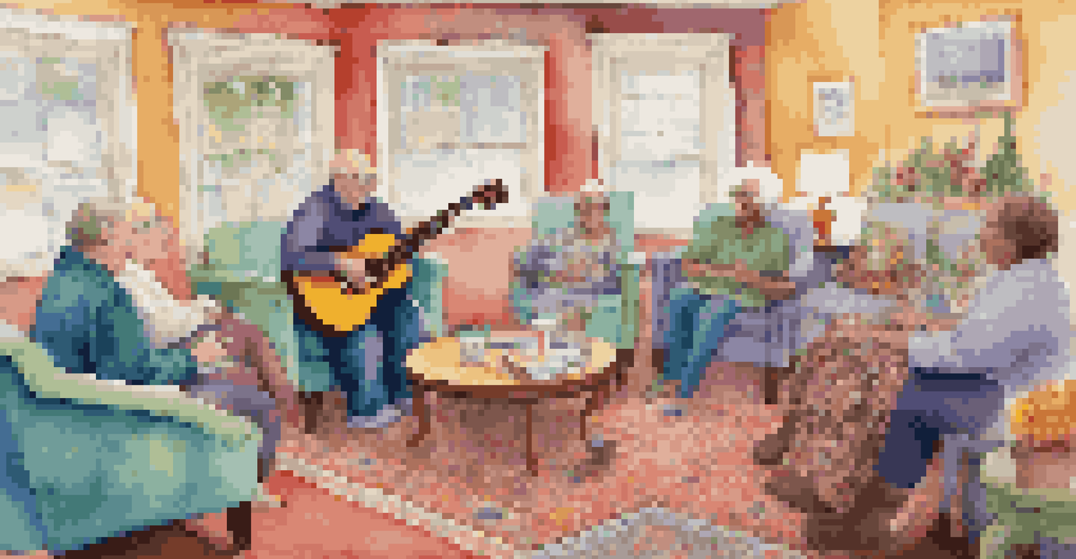A music therapist playing guitar for hospice patients in a colorful lounge, with patients smiling and engaged.