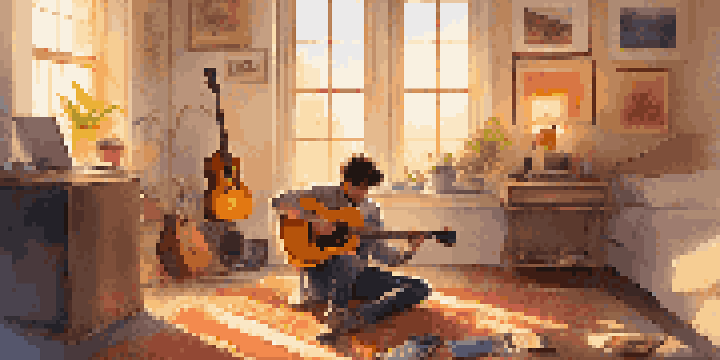 A young guitarist playing an acoustic guitar in a brightly lit bedroom, with posters on the walls and a laptop displaying music software nearby.
