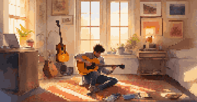 A young guitarist playing an acoustic guitar in a brightly lit bedroom, with posters on the walls and a laptop displaying music software nearby.