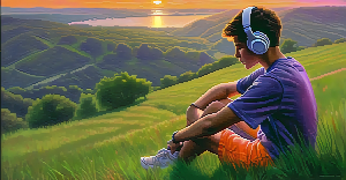 A teenager sitting on a grassy hillside with headphones, reflecting during a colorful sunset.
