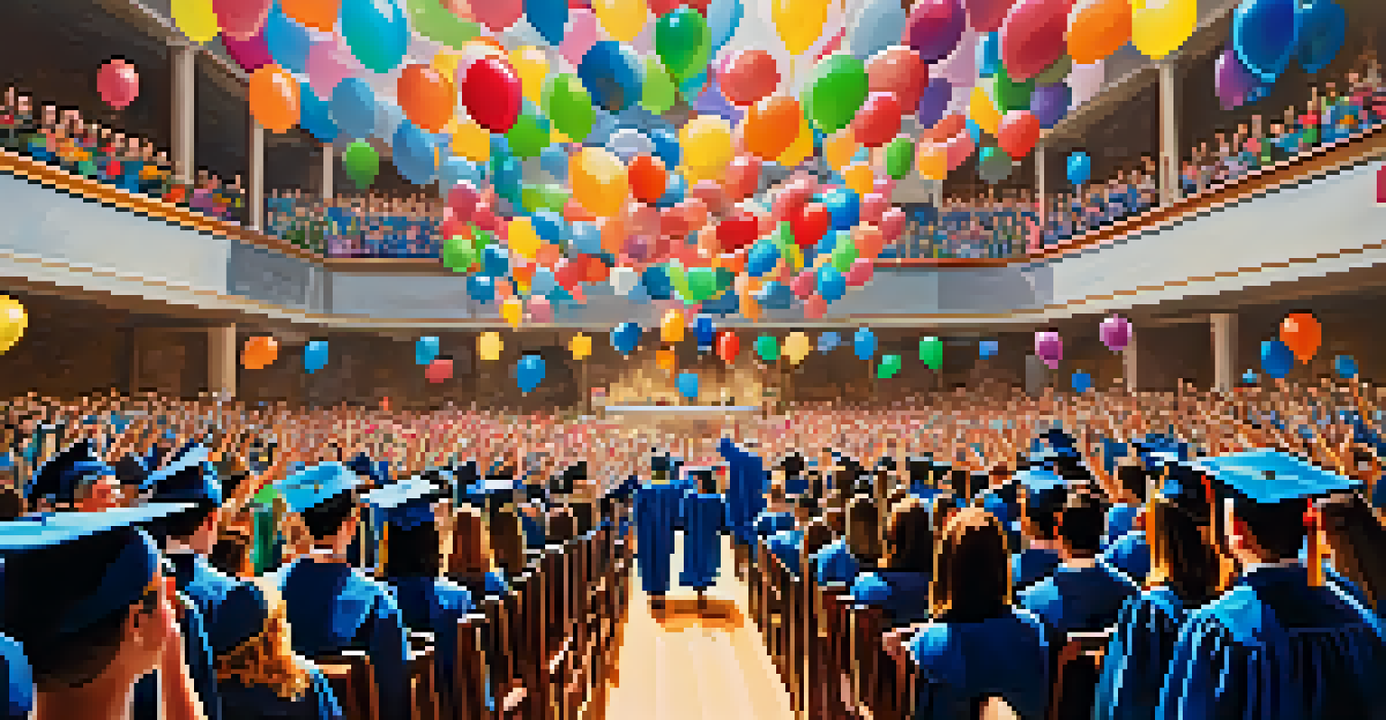 A graduation ceremony with graduates in caps and gowns celebrating on stage, accompanied by applause and a festive atmosphere.