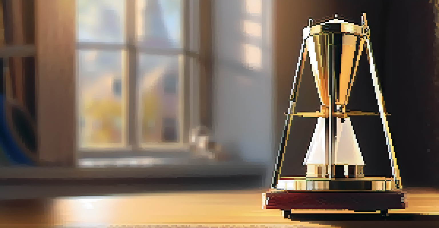 A close-up of a vintage metronome on a table with sunlight illuminating it, showing its pendulum in motion.