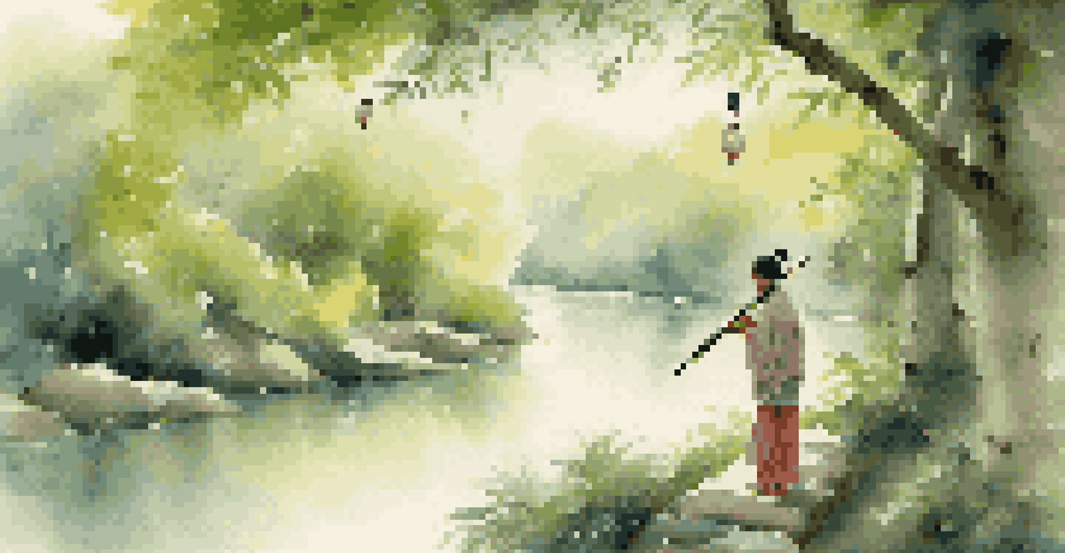 A peaceful musician playing a bamboo flute in a lush green landscape with a flowing river, illuminated by hanging lanterns and soft sunlight.