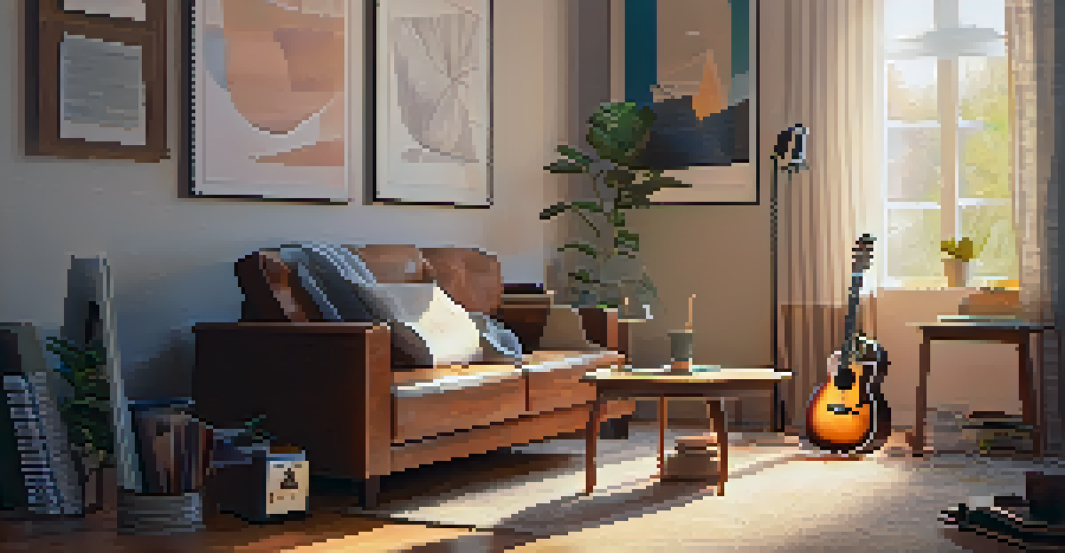 A person practicing guitar at home with a smartphone showing a music app, surrounded by a cozy living room setup.