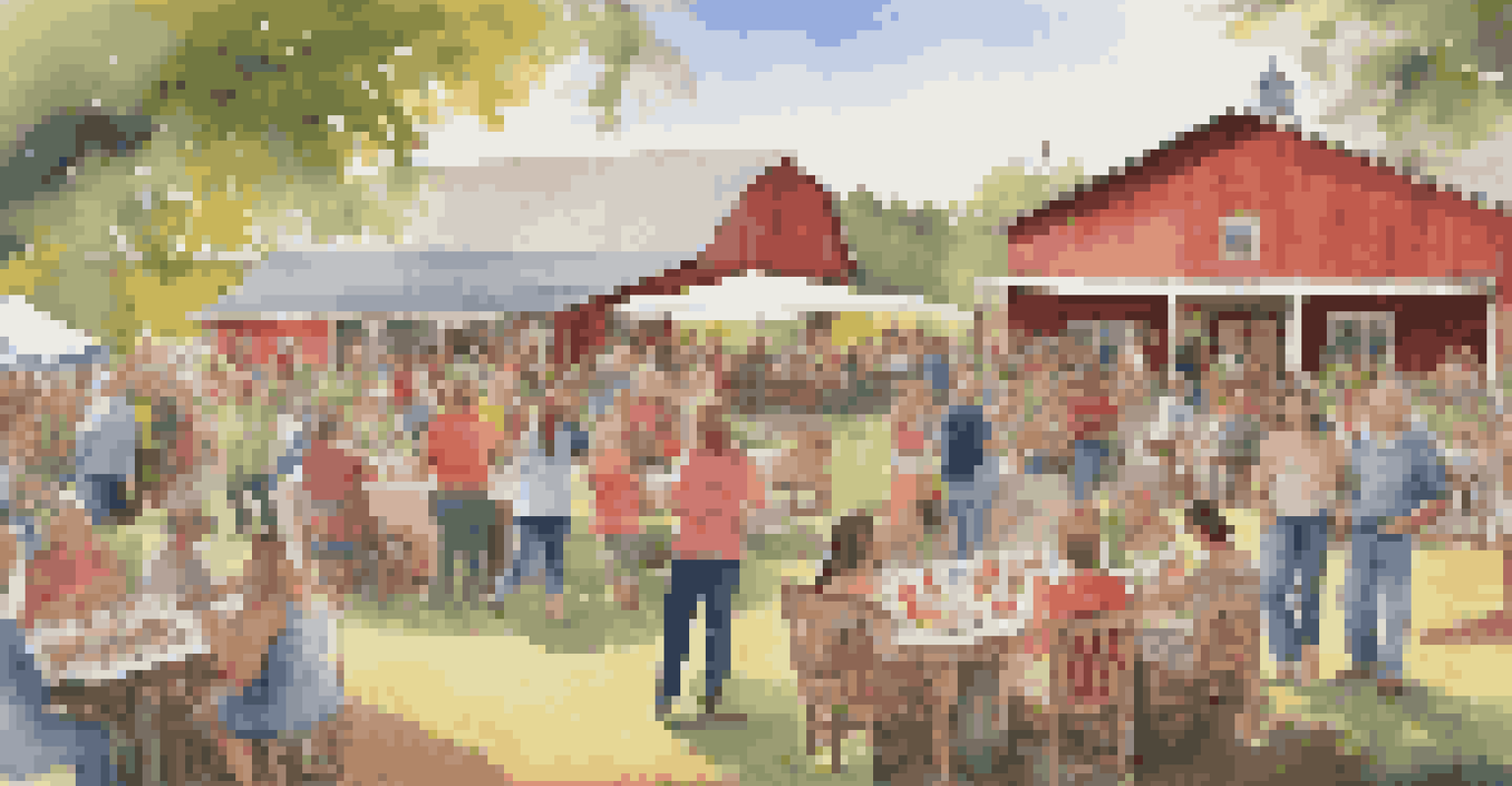 Local farmers enjoying live music and discussing sustainable agriculture in a vibrant community gathering on a farm.