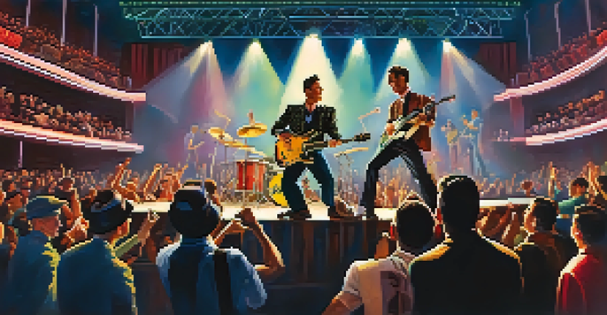 A lively 1950s rock concert with a band performing on stage, surrounded by an excited audience in vintage outfits.