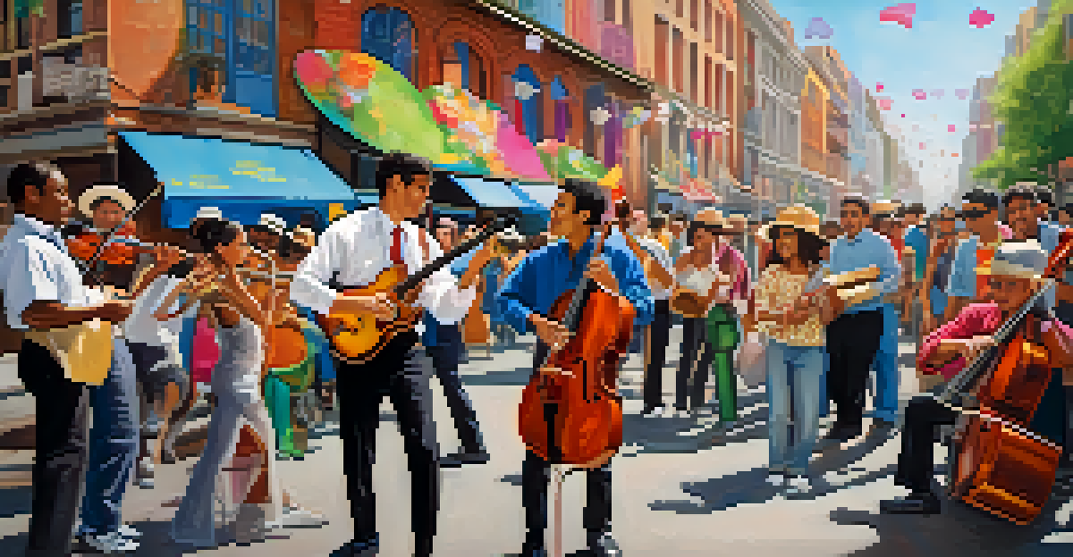 A lively street performance featuring a guitarist, violinist, and drummer, with an engaged crowd and colorful street art in an urban setting.