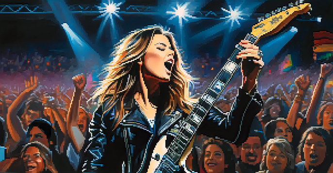 A female rock musician with long hair playing an electric guitar on stage, surrounded by a lively crowd and bright stage lights.