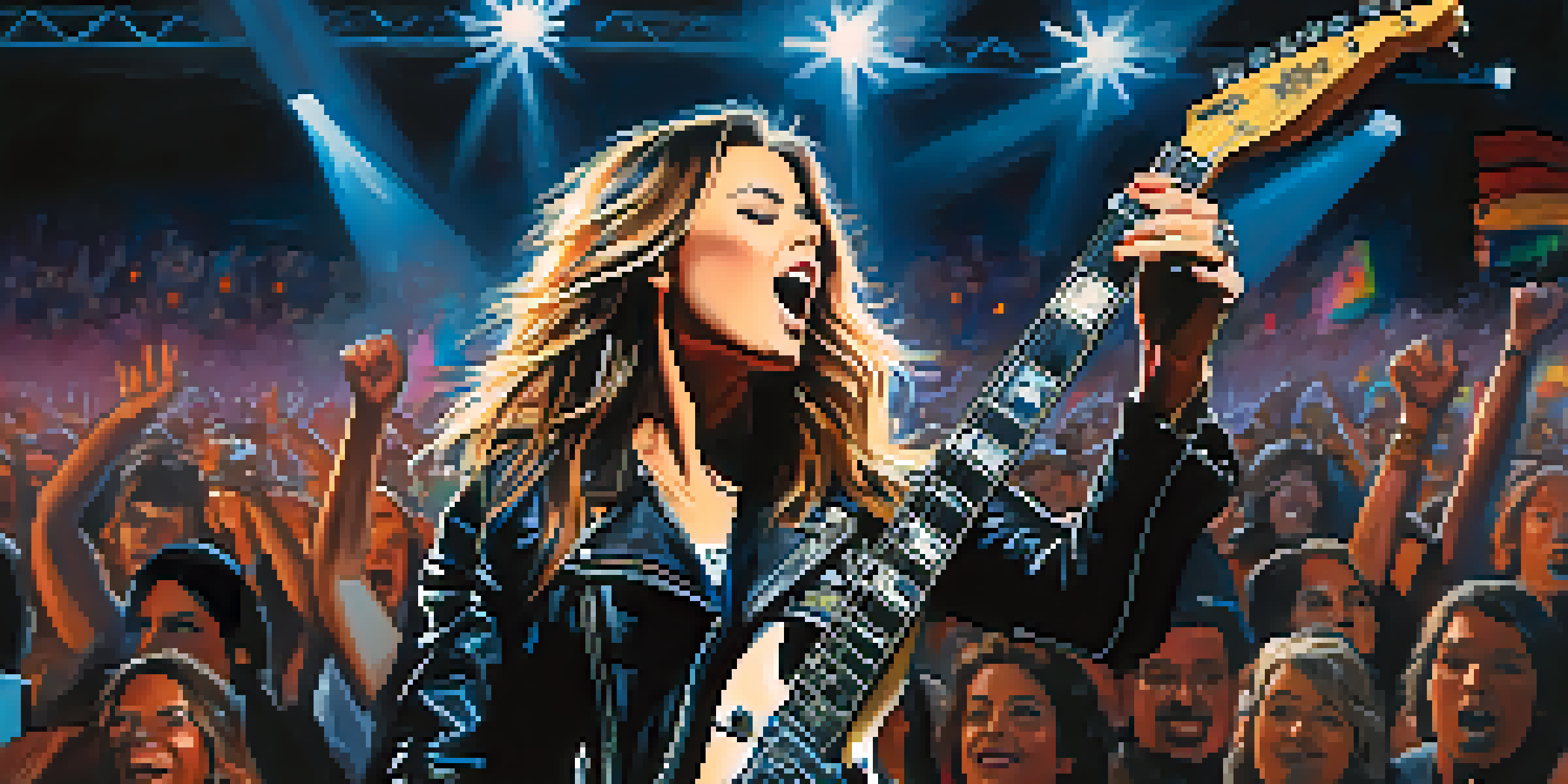 A female rock musician with long hair playing an electric guitar on stage, surrounded by a lively crowd and bright stage lights.