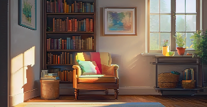 A warm and inviting room with an armchair, a cup of tea, and a bookshelf, illuminated by soft sunlight.