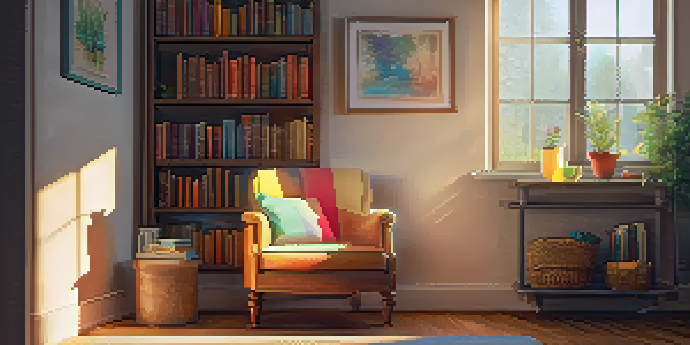 A warm and inviting room with an armchair, a cup of tea, and a bookshelf, illuminated by soft sunlight.