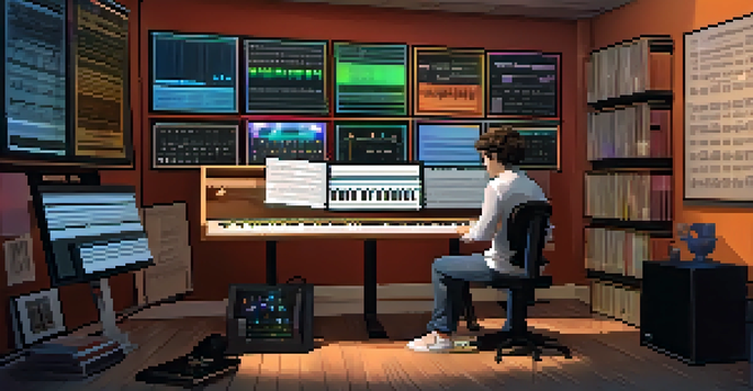 A young composer working at a digital music workstation, with screens showing musical notation and a piano in the background.
