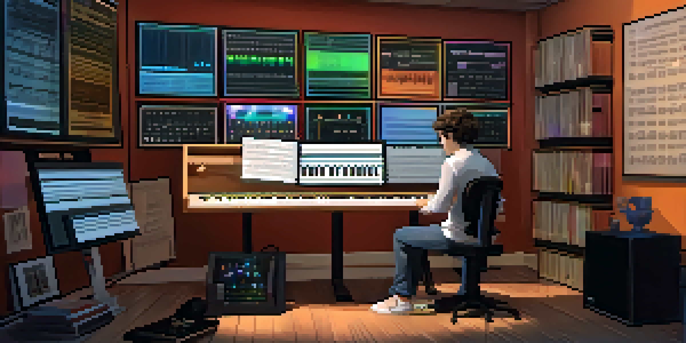 A young composer working at a digital music workstation, with screens showing musical notation and a piano in the background.