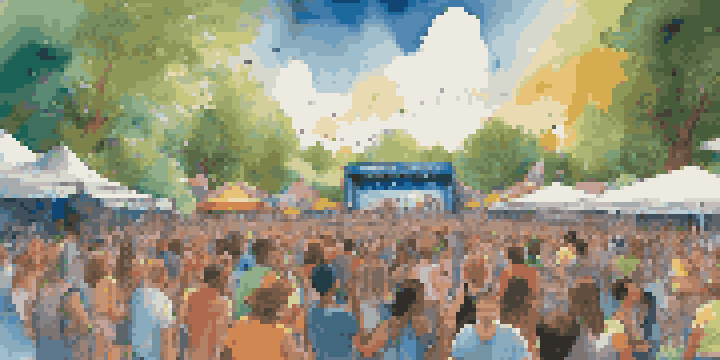 A lively outdoor music festival with a diverse crowd enjoying live performances, surrounded by greenery and blue skies.