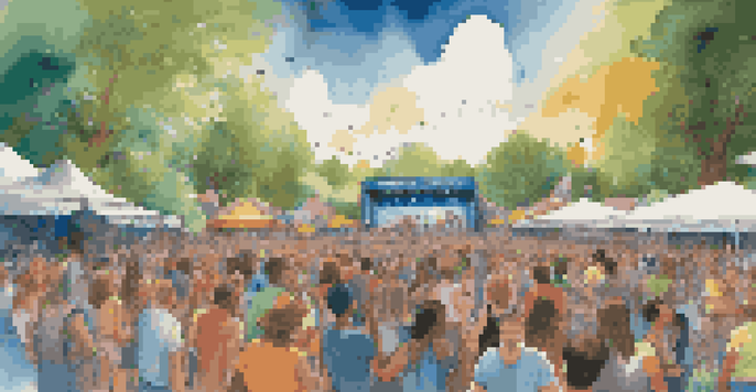 A lively outdoor music festival with a diverse crowd enjoying live performances, surrounded by greenery and blue skies.