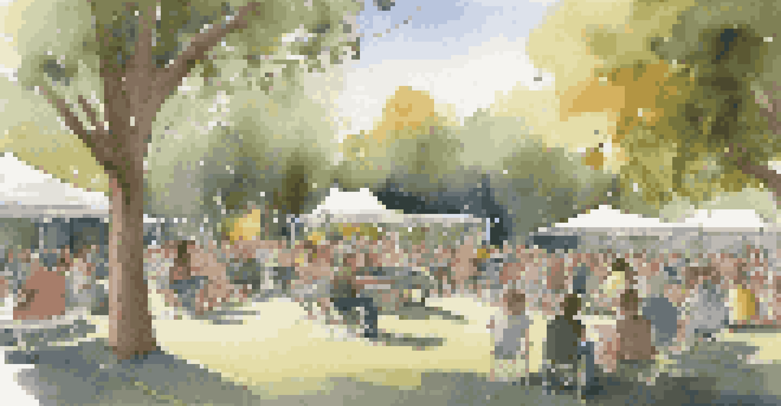 An intimate outdoor concert in a park with musicians on a small stage surrounded by trees, fairy lights, and attendees on picnic blankets.