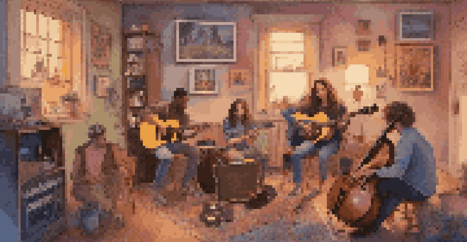 A group of friends working together on music in a cozy room filled with instruments, showcasing collaboration and creativity.