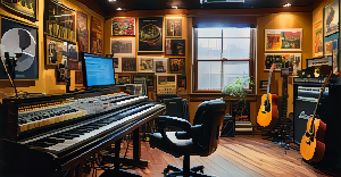A music studio filled with instruments and a producer working at a mixing board, warmly lit and colorful.