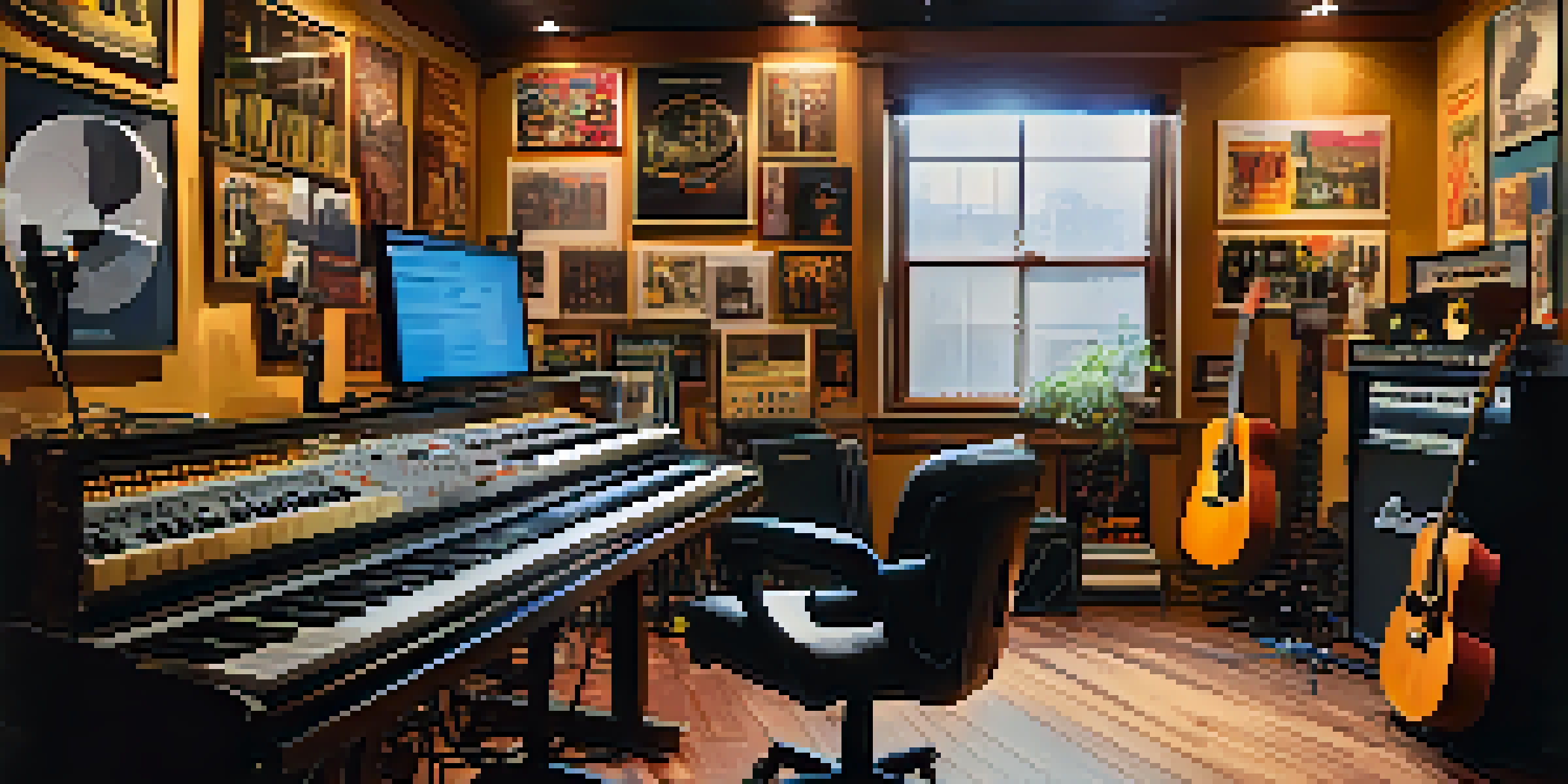 A music studio filled with instruments and a producer working at a mixing board, warmly lit and colorful.