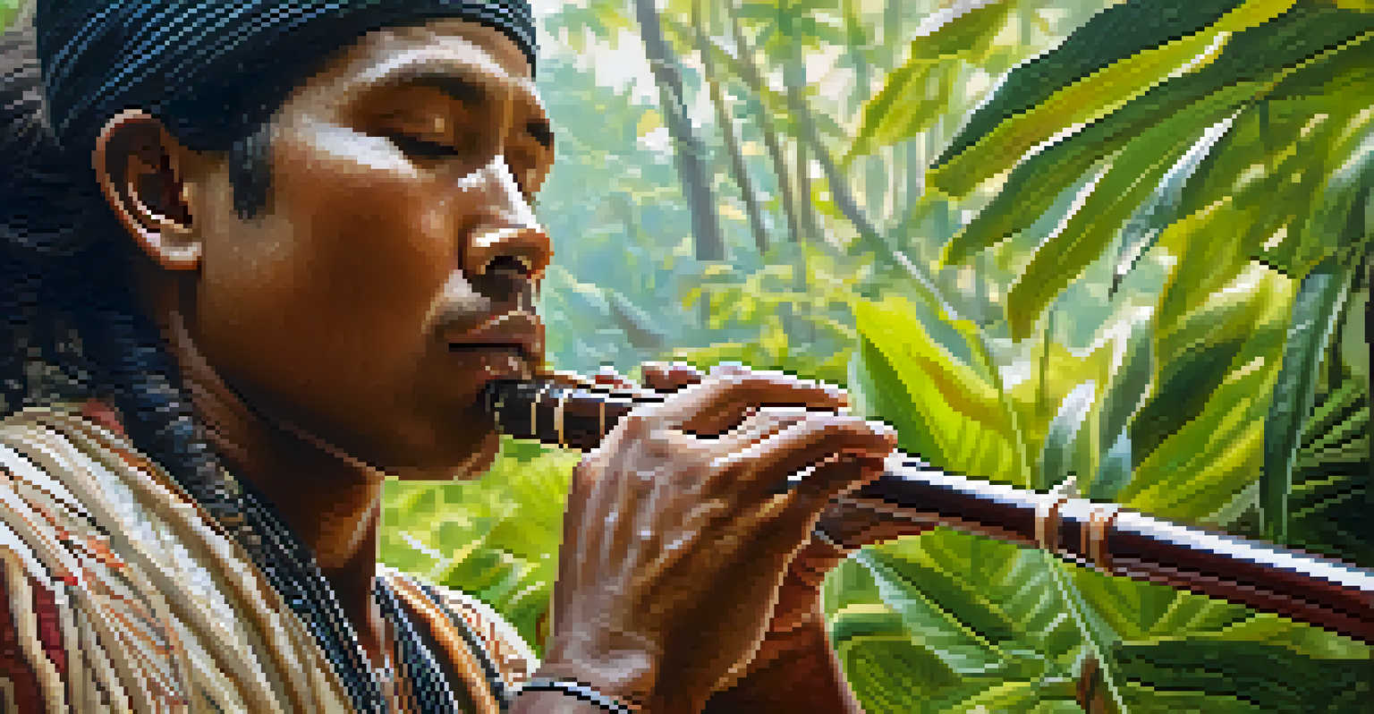 An Indigenous musician playing a traditional instrument in a natural setting, surrounded by greenery and soft sunlight.