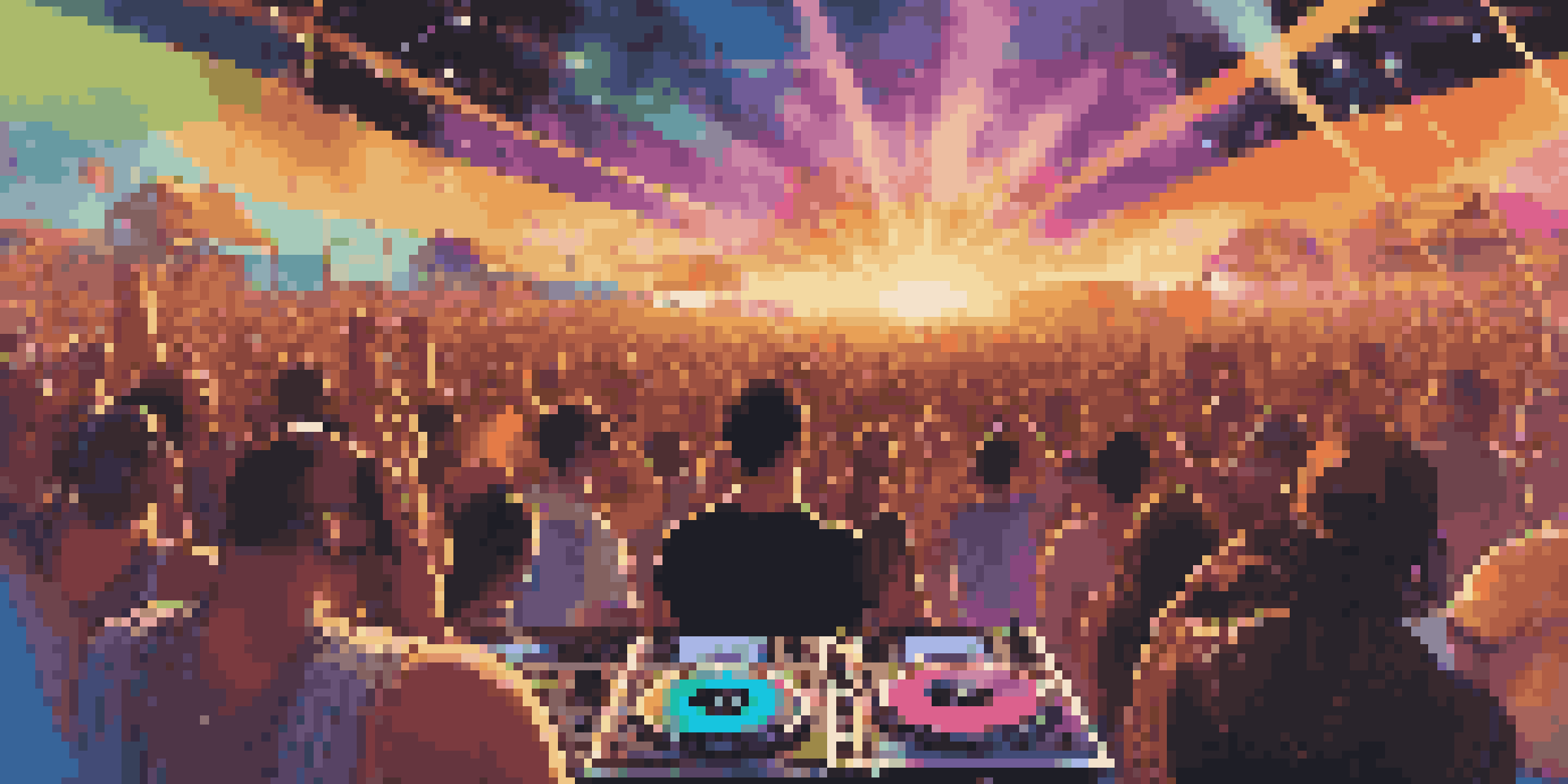 A DJ performing at a festival with a colorful crowd and sunset in the background.