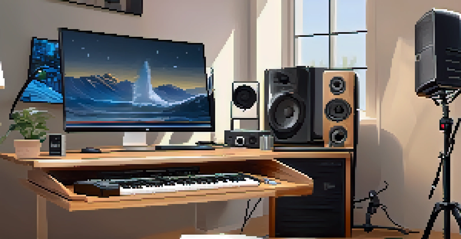 A modern home recording setup with a computer and digital audio workstation, surrounded by musical instruments.