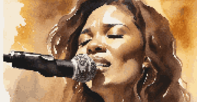 A singer performing on stage with closed eyes, expressing deep emotion, illuminated by warm golden lights.