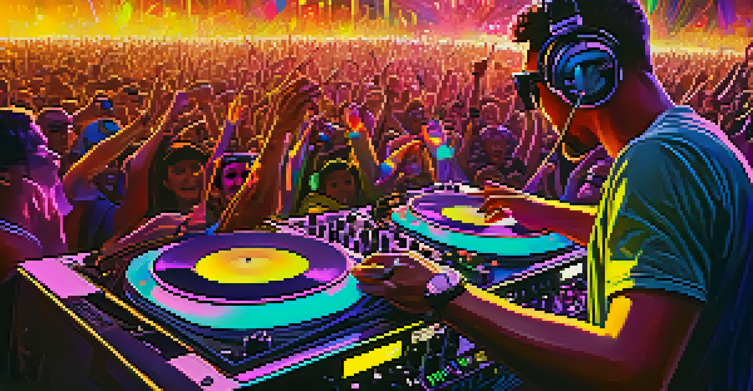 A DJ intensely mixing tracks at a festival, with a close-up view of the mixer and enthusiastic fans in a colorful, illuminated crowd.