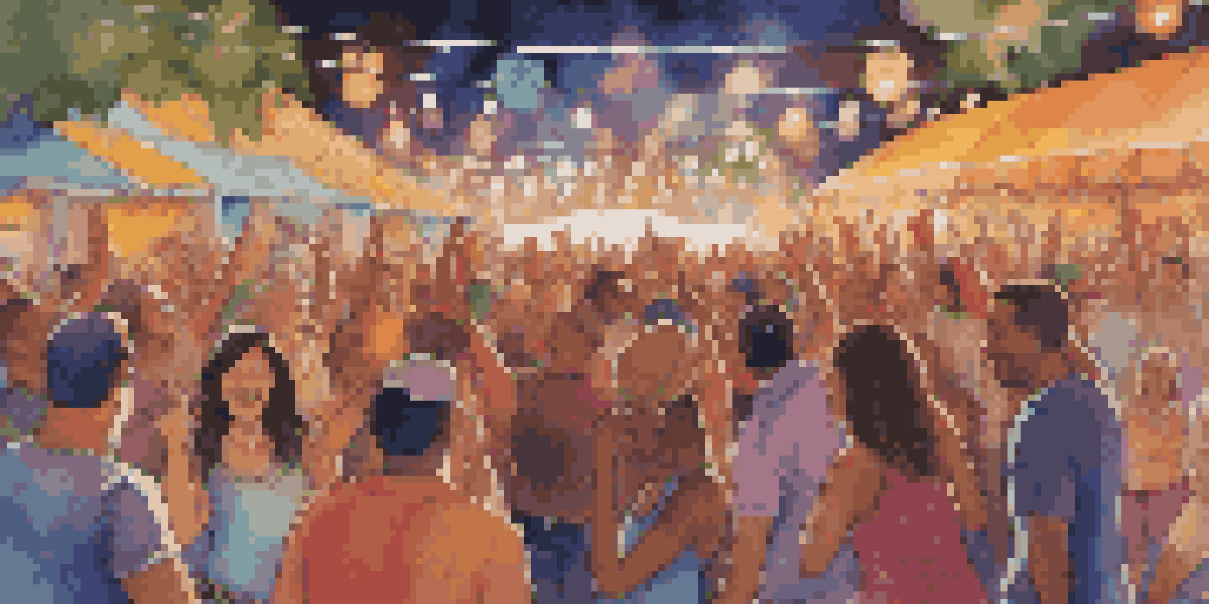A lively music festival with a diverse crowd dancing and enjoying the performances, colorful lights in the background, and musicians on stage.