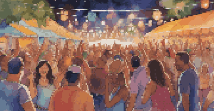 A lively music festival with a diverse crowd dancing and enjoying the performances, colorful lights in the background, and musicians on stage.