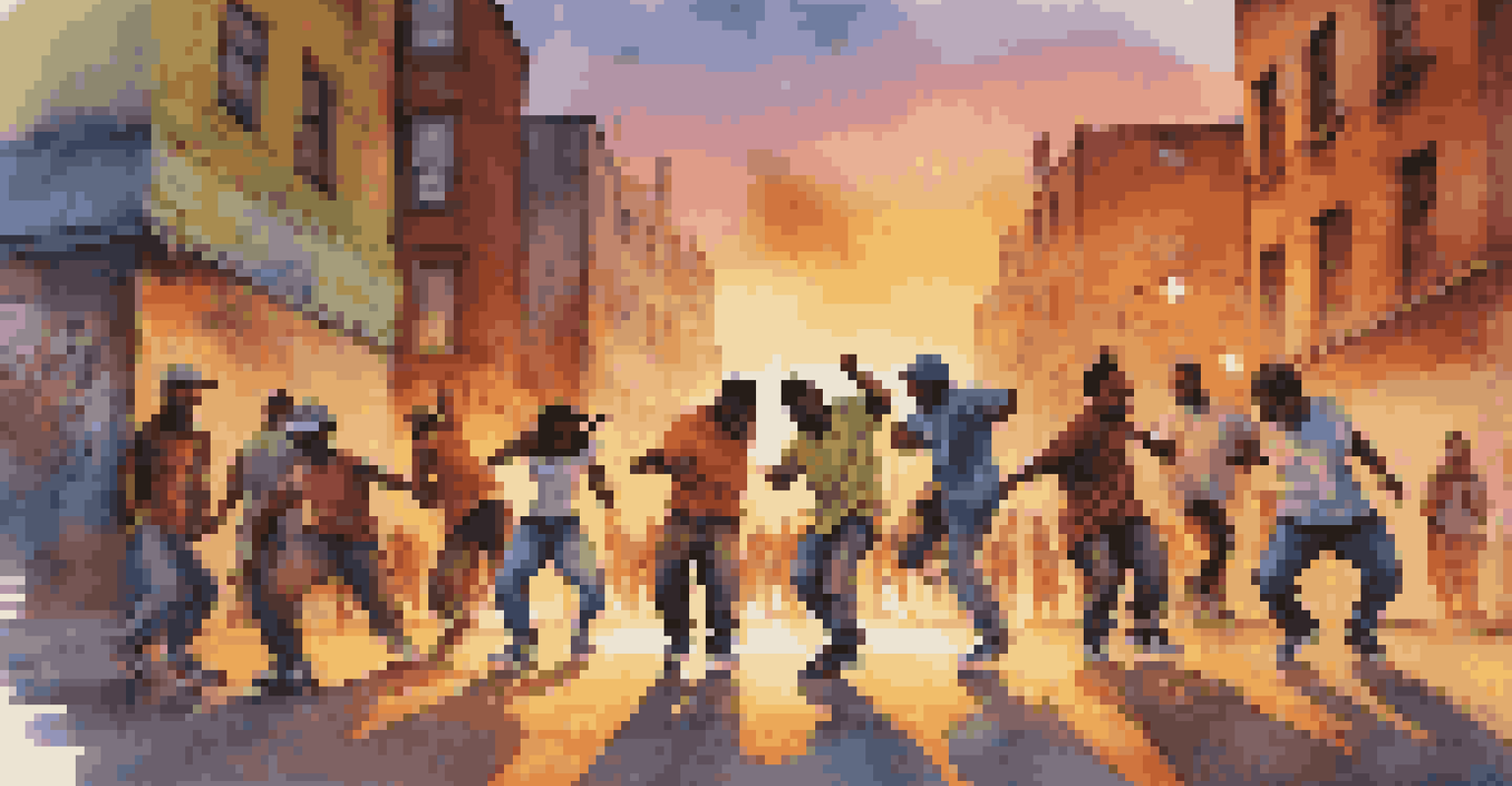 A group of diverse dancers performing hip-hop on a graffiti-covered pavement during sunset.