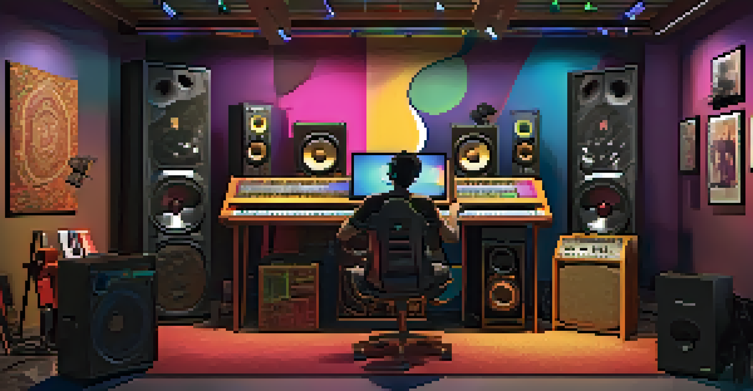 A digital music studio with a young musician mixing music on a laptop, surrounded by traditional instruments and modern electronic gear, illuminated by colorful LED lights.