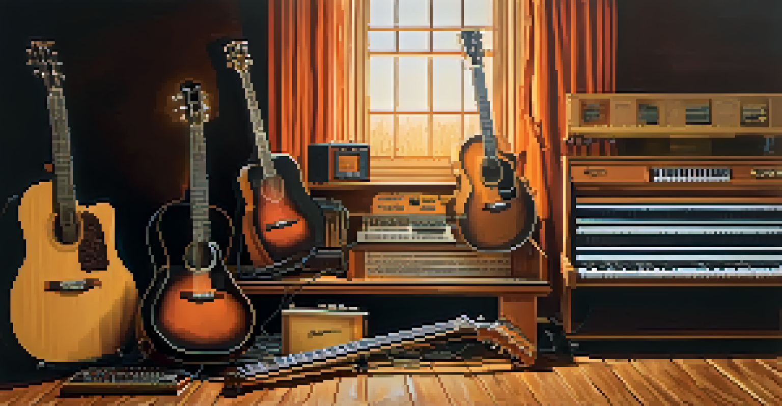 A collage of various musical instruments including an acoustic guitar, synthesizer, and drums on a wooden stage.