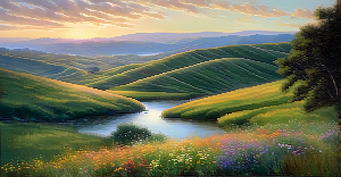 A peaceful landscape with rolling hills, a river reflecting a pastel sunset, and colorful wildflowers in the foreground.