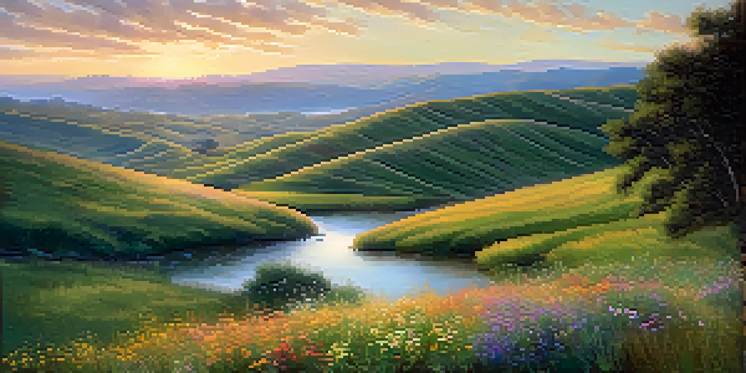 A peaceful landscape with rolling hills, a river reflecting a pastel sunset, and colorful wildflowers in the foreground.