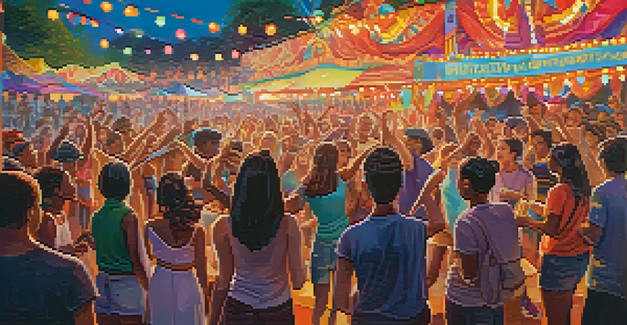 A lively outdoor music festival with diverse young people enjoying performances, colorful lights, and food stalls.