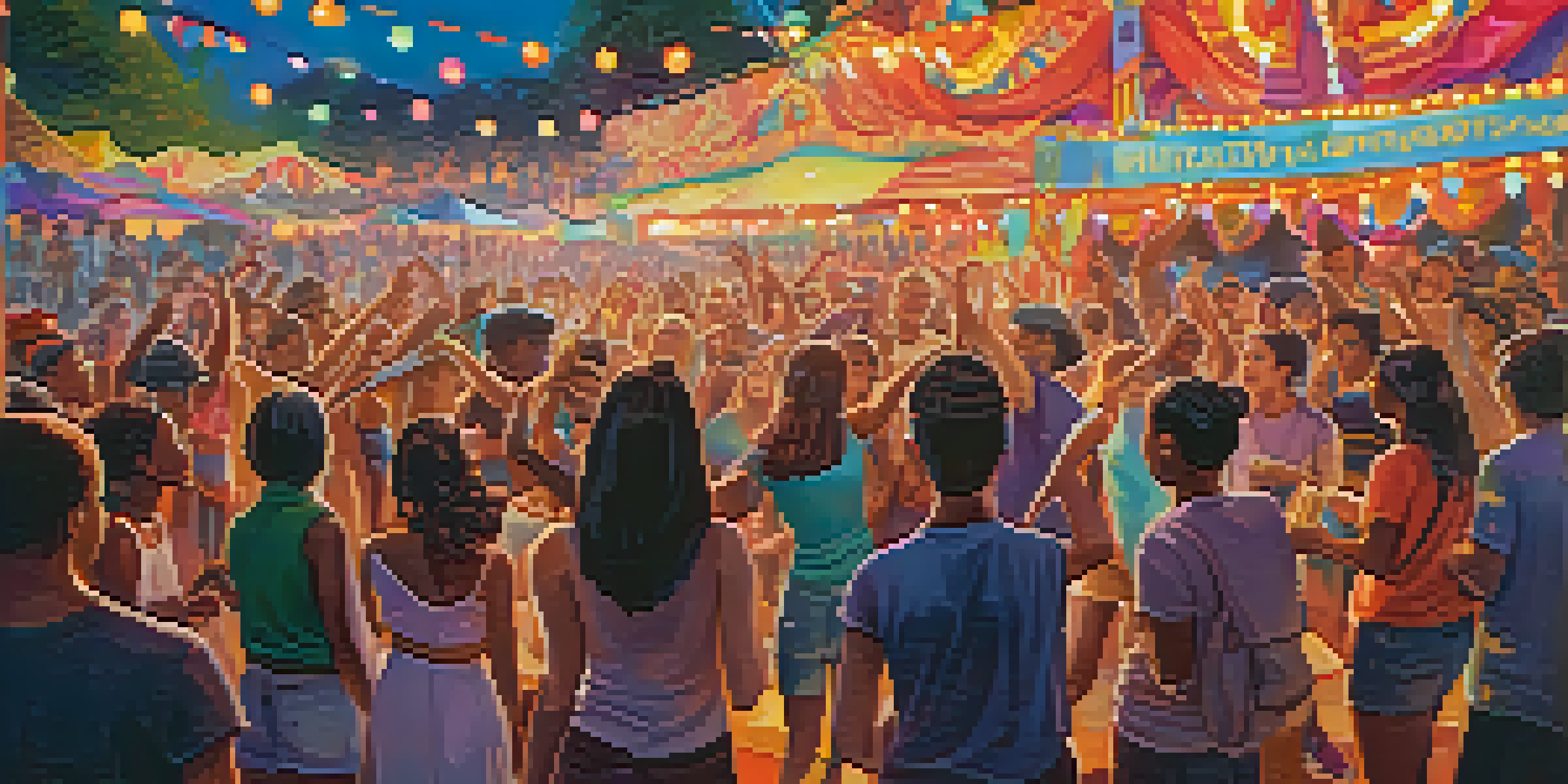 A lively outdoor music festival with diverse young people enjoying performances, colorful lights, and food stalls.