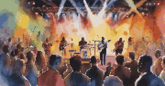 A lively concert with musicians performing on stage, colorful lights, and visual projections.