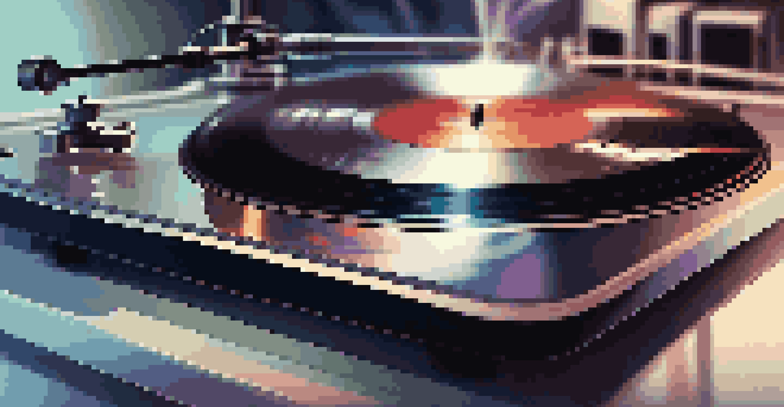 A close-up of a vinyl record on a turntable, reflecting soft light, with blurred music notes and sound waves in the background.
