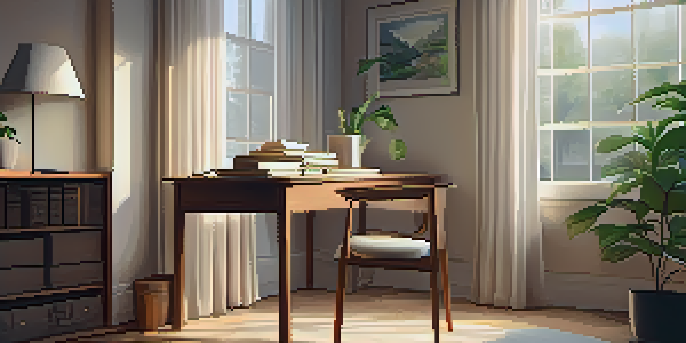 A peaceful study room with natural light, featuring a wooden desk with a notebook, a cup of tea, and a potted plant.
