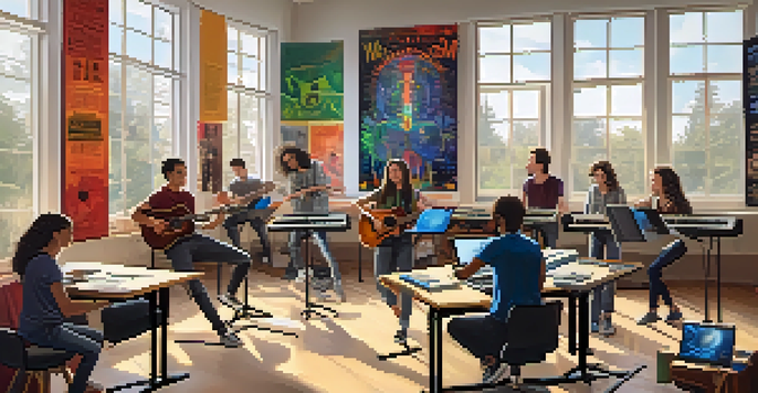 A vibrant music classroom with students learning through digital tools and surrounded by musical instruments.