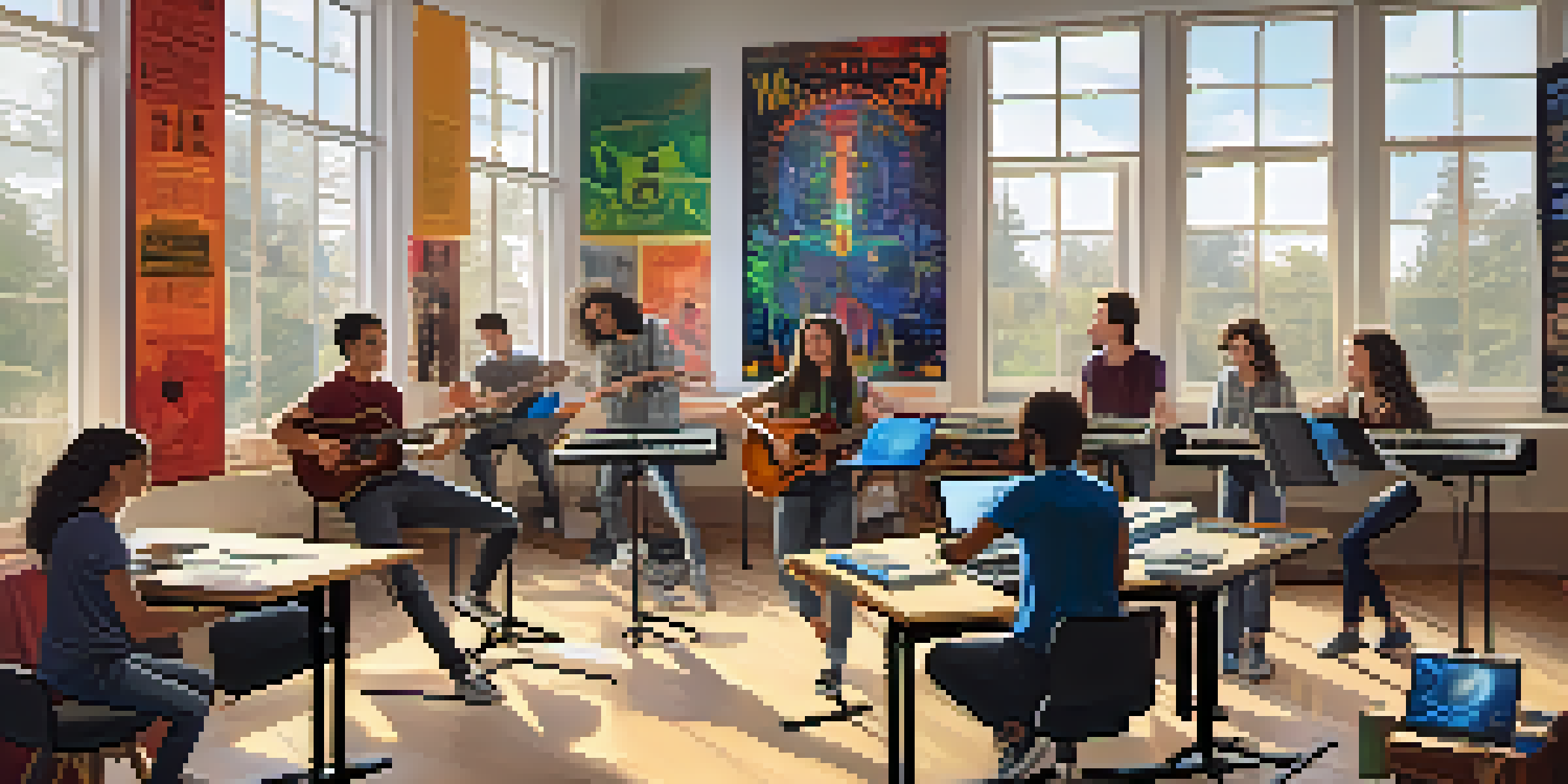 A vibrant music classroom with students learning through digital tools and surrounded by musical instruments.