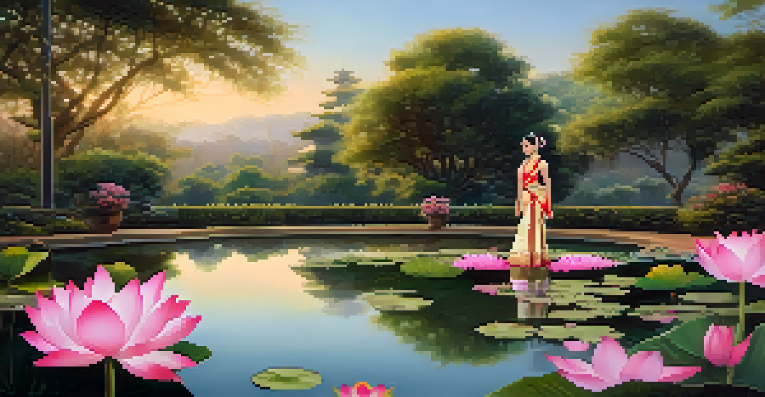 A dancer performing Bharatanatyam in a tranquil garden, surrounded by lotus flowers and a pond reflecting the sky.