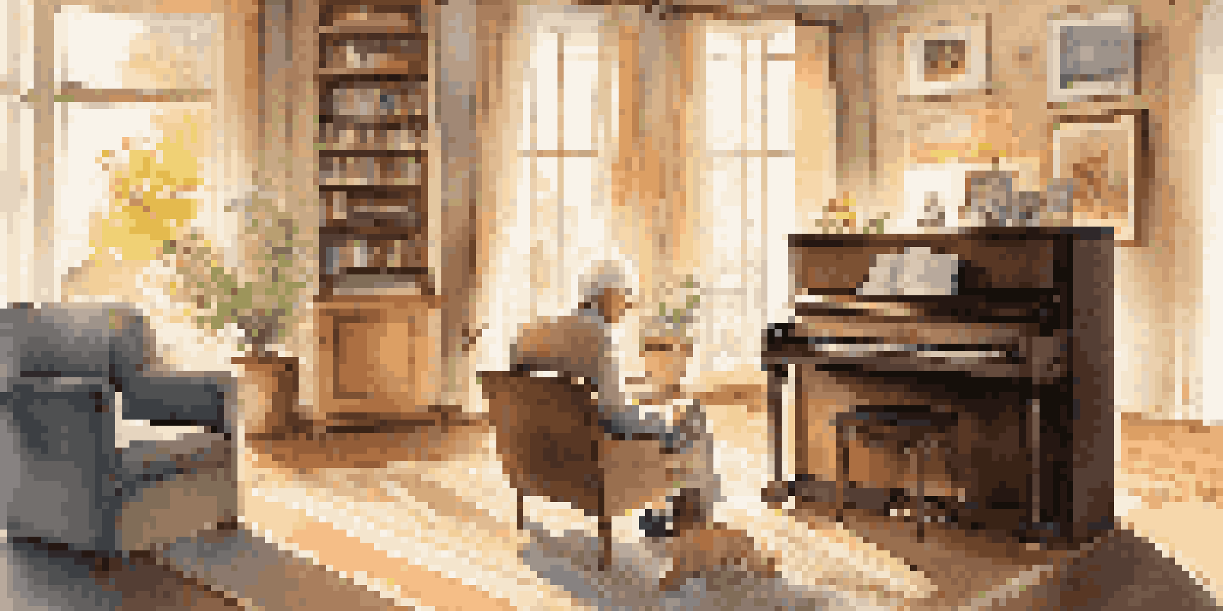 An elderly person playing a piano in a well-lit living room filled with family photos and a small dog on a rug.