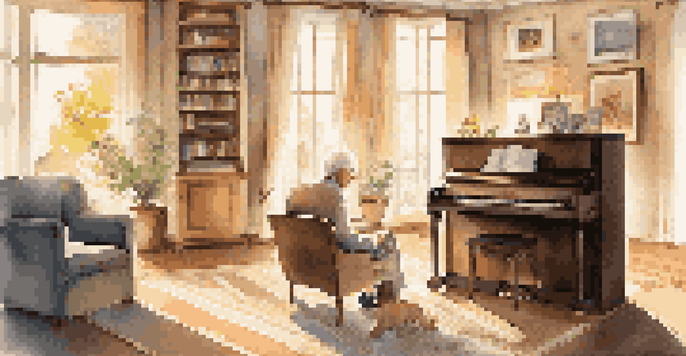 An elderly person playing a piano in a well-lit living room filled with family photos and a small dog on a rug.